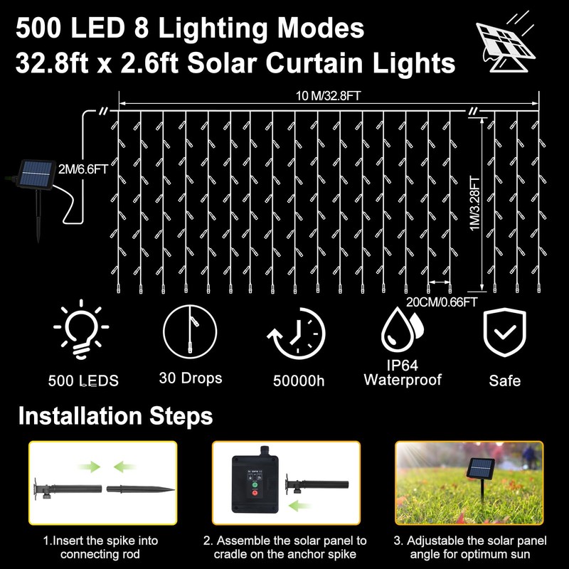 Solar Powered Curtain Lights 33ftx 3ft 500 LED Outdoor Curtain