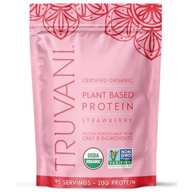 Truvani- Proteína de guisante vegana en polvo | Fresa | 20 g de proteína vegetal orgánica | 10 porciones | Keto | Sin gluten ni lácteos | Bajo en carbohidratos | Sin azúcar añadido
