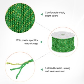 M METERXITY 22 Yards Twisted Rope Trim, 3mm/0.12" Green and Gold Soft Polyester Twisted Silk Rope Cord 3-Ply Decorative Cord for Gift Bag/DIY Crafts/Home Decor/Curtain Tieback