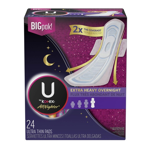 U By Kotex Allnighter Ultra Thin Overnight Pads with Wings, Extra Heavy Flow, 24 Count