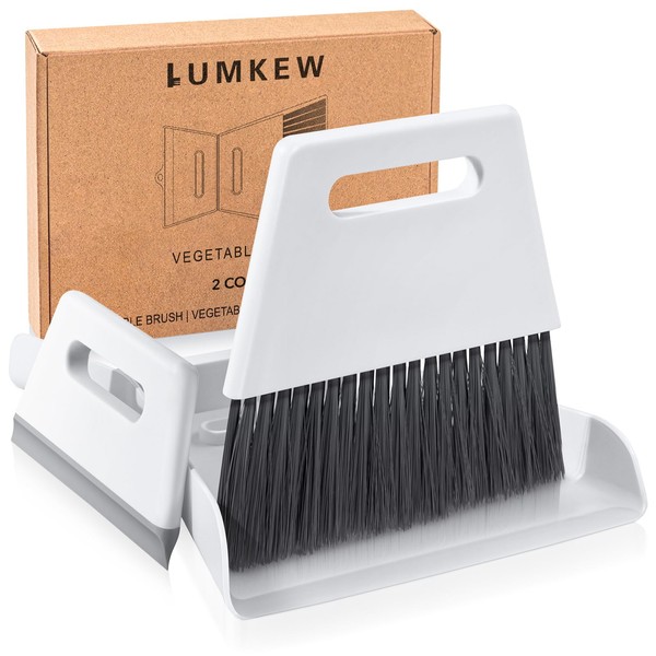 Lumkew - Juego de escoba de mano y recogedor con escobilla pequeña, mini cepillo para polvo 3 en 1 y escobilla de recogedor de polvo, mango portátil, doble limpieza, color blanco