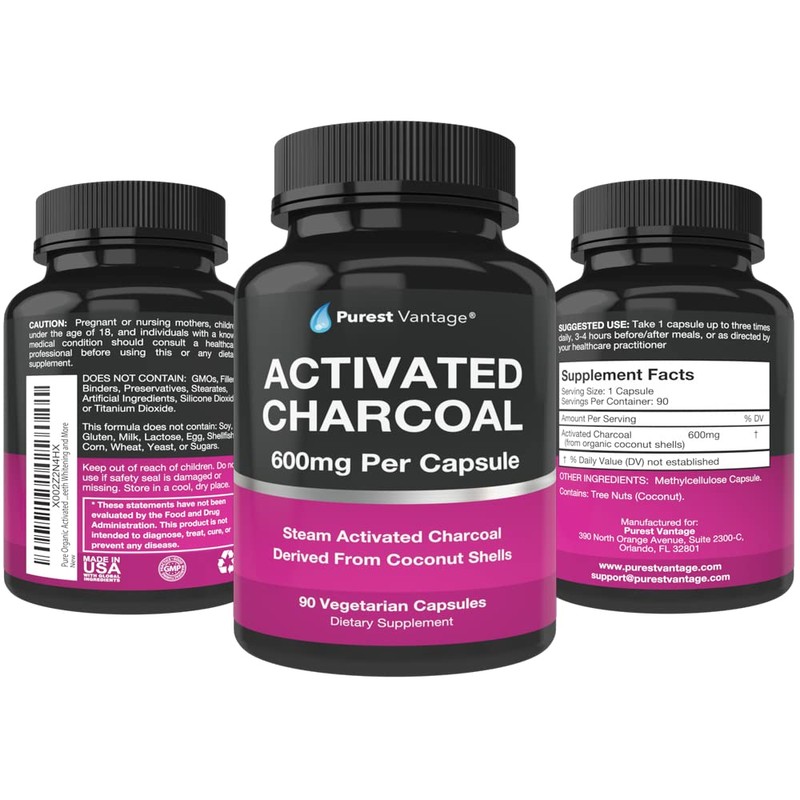 Pure Organic Activated Charcoal Capsules - 600mg per Capsule, 90