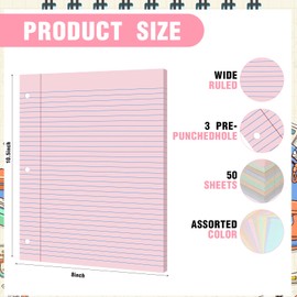 PerKoop 12 Pack 600 Sheets Colored Lined Paper Bulk Wide Ruled 8 x 10.5 Inches, Pastel Loose Leaf Notebook Paper 3 Hole Punched Filler for Classroom Supplies Christmas Operation Gifts(Light Color)