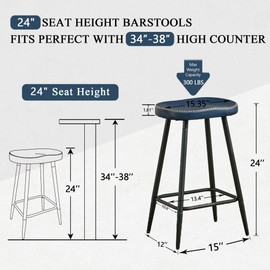 FIRAVOE Bar Stools Set of 2, Modern 24" Counter Height Bar Stools, Faux Leather Backless Saddle Stools for Kitchen Island (Navy Blue, 2 PCS 24'' Height)