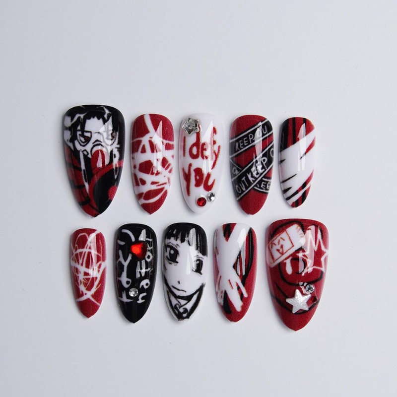 30Pcs Y2K Anime Press on Nails, Medium Almond Fake Nails,