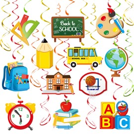 Back to School Hanging Swirls Decorations Pack of 30, First Day of School Ceiling Swirls Decor Colorful Ruler Pencil School Bus Stationery for Welcome Back to School Classroom Office Party Supplies