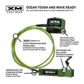 XM SURF MORE Premium Surfboard Leash, 9ft, Made in USA, Regular Cord Thickness (.270in), Key Pocket, Unbreakable Swivels, Detachable Railsaver, Smoke Leash, Black Strap, Kink-Free [3 Year Warranty]