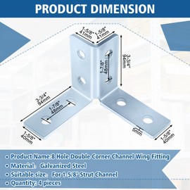 Shimeyao 4 Pcs 8 Hole Double Corner Channel Wing Fitting, Galvanized Steel Wing Shape 90 Degree Fitting Bracket Fit for 1/2" Bolt in 1-5/8" Strut Channel