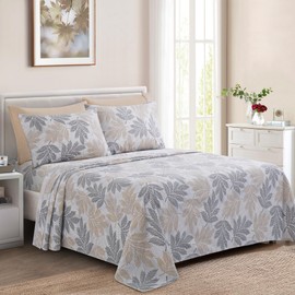 Marina Decoration Ultra Soft Silky Deep Pocket Rich Printed Bedding Rayon from Bamboo All Season 6 Pieces Sheet Set with 4 Pillowcases, Taupe Grey Leaves Pattern Queen Size