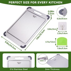 KITCHEN BliSE Stainless Steel Cutting Board, Double Sided Food Gradable Steel Cutting Boards for Kitchen with 2 Cleaning Scrapers, Metal Cutting Board with Grooves for Fruits, Veggies & Meat (Large)