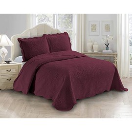 Fancy Linen 3pc Embossed Coverlet Bedspread Set Oversized Bed Cover Solid Floral Daisy Pattern New # Allis (Full/Queen, Burgundy)