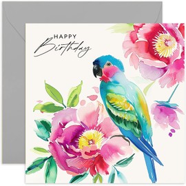 Watercolour Parrot Birthday Card for Women - Bright and Colourful Painted Artwork for Her - Wonderful Gifts for Female Family Members and Friends - For Mum, Sister, Aunt, Grandmother