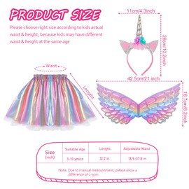 Hifot Hifot Einhorn Kostüm Prinzessin Set 3 Stück，Regenbogen Tutu Rock Mädchen Kostüm Tüllrock,Einhorn Haarreif Flügel für Mädchen für Unicorn Cosplay Kindergeburtstag Karneval
