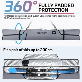 InduSKY Ski Bag, Waterproof Full Padded Ski Bag for Air Travel, 900D Polyester Adjustable Length Ski Bag Fit Skis Up to 200cm, Portable Snow Travel Ski Bag with Removable Padded Shoulder Strap