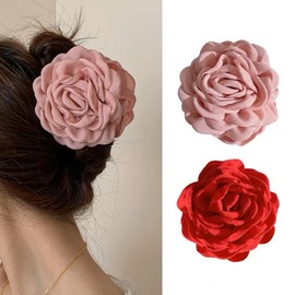 Agirlvct Hair Clips Flower, 2 Pack Large Hawaiian Claws Clips,3.15 Inch Floral Hair Clips for Travel Holiday Beach Women Girls Mother Thin Thick Hair Blooming Rose Non Slip Strong Hold (Pink Red)