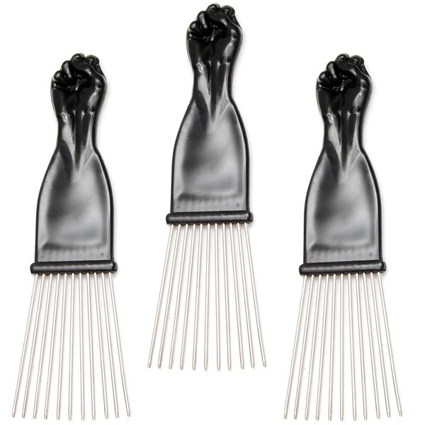Luxxii (3 Pack) 7" Black Fist Metal Afro Pik Lift Hair Comb Detangle Wig Braid Hair Man Styling Comb (Black)