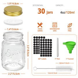 CycleMore 30 Pack 4oz Glass Mason Spice Jars, Round Spice Containers with Gold Metal Caps and Pour/Sift Shaker Lids-80pcs Labels,1pcs Silicone Collapsible Funnel,1pcs Brush and 1pcs Pen Included