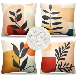 Sofa Cushion Cover 40 x 40 cm Boho Modern Abstract Geometric Leaves Outdoor Cushion Cover Decorative Cushion Covers Waterproof Linen Cushion Cover for Sofa Bedroom Living Room Car Home Set of 4