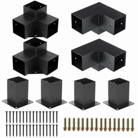 Heavy Pergola Brackets,Woodworks Metal Kit 3-Way Right Angle connectors with Post Base 4x4'' ,DIY Gazebo Kit Suitable for Pergolas,Gardens (4PC 3-Way Pergola Brackets + 4PC Post Base)