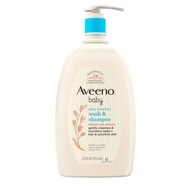 Aveeno Baby Daily Moisture Gentle Bath Wash & Shampoo con extracto de avena natural, hipoalergénico, sin desgarros y sin parabenos fórmula para cabello y piel sensibles, ligeramente perfumado, 33 onzas líquidas