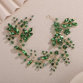Teyglen Green Crystal Bride Flower Wedding Hair Vine Handmade Rhinestone Headband Bridal Hair Piece for Women Party Prom Headpiece Sparkly Rhinestone Hair Accessories (Green)