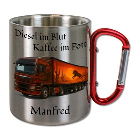 Personalisierte LKW Tasse aus Edelstahl | Geschenk für Fahrer | Edelstahltasse mit Name, Kaffeetasse, Metalltasse mit Wunschname | Werkstatt‑Kaffeebecher V17