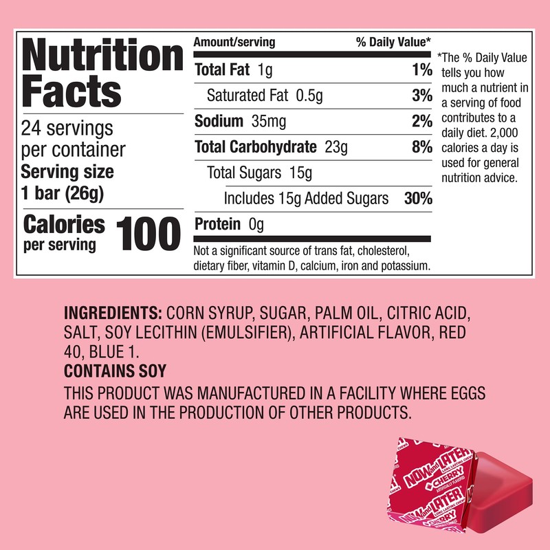 Now & Later Candy, Cherry Flavor, 0.93 Ounce Bars (Pack