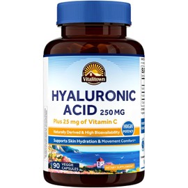 Vitalitown Suplementos de cido hialurnico de 250 mg, ms 25 mg de vitamina C, derivado naturalmente y alta biodisponibilidad, hidratacin de la piel,...