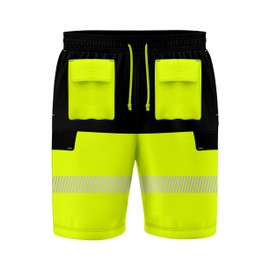 TORO ACTIVA 8 Pockets Mens Reflective High Visibility Hi Viz Safety Cargo Shorts Work Wear Shorts Drawstring Multi Pockets Adjustable Elasticated Waist Black Yellow