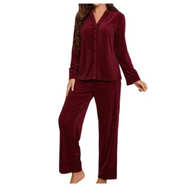 Floerns Women's Velvet Pajama Set Long Sleeve Button Shirts with Pants Lounge Sleepwear Burgundy Large