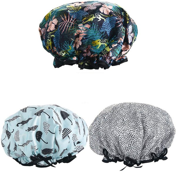 Shower Cap, 3 Pack Swimming Cap for Women Waterproof and Adjustable Double Layer Shower Cap (Multi-Color8)