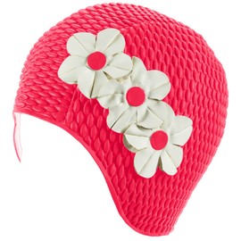 BEEMO Swim Bathing Caps for Women Latex Triple Flowers-Pink w/White Flowers