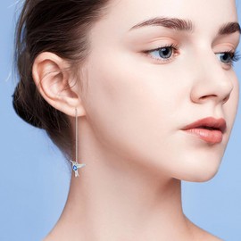 AOBOCO Hummingbird Threader Earring for Women, 925 Sterling Silver, Elegant Zircon Tassel Earrings, Long Chain Hummingbird Watch Earrings, Sterling Silver, Cubic Zirconia