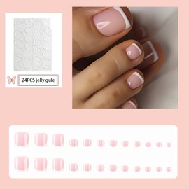 Fake Toe Nails, 24PCS White Pink Short Square French False Toenails,Removable Reusable Artificial Nails,Full Cover Acrylic Toe Nail Art Tips for Women (French White Pink, One Size)
