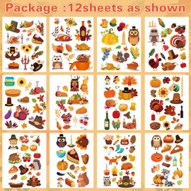 Thanksgiving Temporary Tattoos for Kids - 12 Sheets Turkey Day Tattoos for Boys Girls, 200 PCS Autumn Harvest Decor Tattoos Stickers, Thanksgiving Party Gifts for Kids
