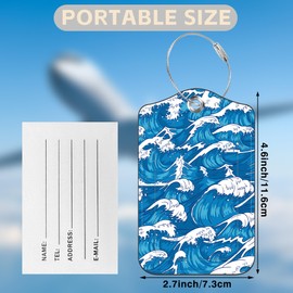 Mazumbuy 2 Pack Luggage Tags for Suitcases Japanese Sea Wave Leather Luggage Tags Privacy Cover ID Label with Stainless Steel Loop and Address Card for Women Men Travel Bag Backpack