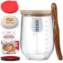 1 L (34 oz) Sourdough Starter Jar Kit, Wide Mouth Potbelly Crock - Glass Sour Dough Starter Bread Jar Set - Sourdough Baking Supplies - Sour Dough Bread Accessories Gifts for Sourdough Lovers