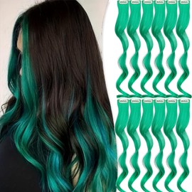 Colored Clip in Hair Extensions 20 Inch Rainbow Hair Synthetic Wavy Hair Extensions for Women Girls Kids Gift Multi-Colors Party Hairpiece Deep Green