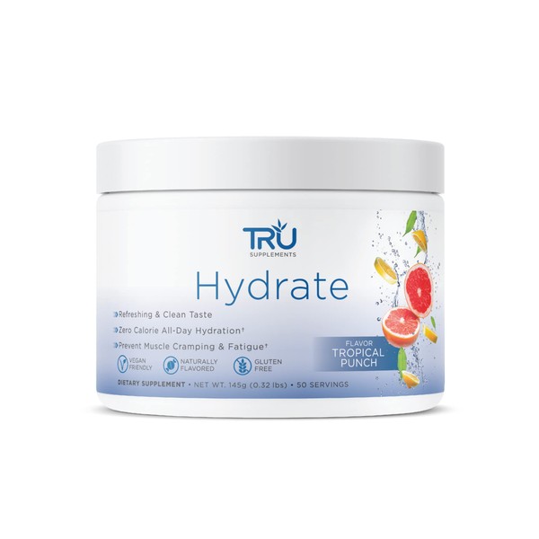 TRU Hydrate | Electrolyte Hydration Powder | Tropical Punch | 50 Servings | Sugar Free, 0 Calories, 0 Carbs - Perfect for Keto | No Artificial Flavors, Colors, or Sweeteners
