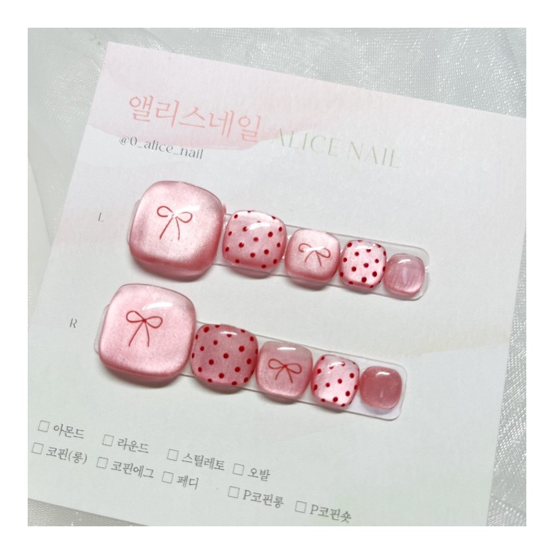 [Handmade Nail Tips] Summer Daily Pedi Tips Pink Ribbon -