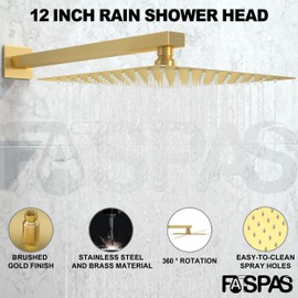 Fatspas Shower System with Tub Spout, Wall Mounted Shower Faucet Set for Bathroom with 12 Inch Rain Shower Head and Handheld Shower Head Set, Brushed Gold