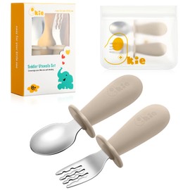 Spoon Fork Set, Baby Food, Spoon, Eat Yourself, Baby Spoon Fork with Storage Bag, For 8 Months or More (Sand)