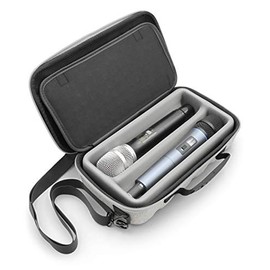 CASEMATIX Dual Wireless Microphone Case for Wireless Mic System Compatible with Sennhesier, Shure Microphones and More, Dual Mic Bag with Shoulder Strap and Hard Shell Gray Exterior