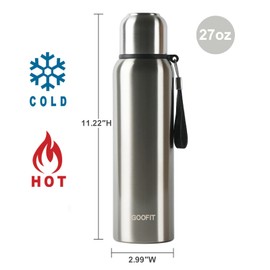 GOOFIT Vakuum Isolierte Edelstahl Wasserflasche, BPA frei, Lecksicher, Geeignet für heißen Kaffee und Tee, Thermoskanne für Sport, Outdoor, Camping, 800 ml (Silber)