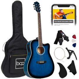 Best Choice Products Beginner Acoustic Electric Guitar Starter Set 41in w/All Wood Cutaway Design, Carrying Case, Strap, Picks, Cable - Blue