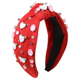 Gmmidea Valentines Knotted Headband for Women Valentine’s Day Gifts Heart Hair Accessories Rhinestone Crystal Red Pink Heart Headband Jeweled Wide Knot Headband Galentines Day Party Favors
