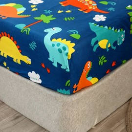 Chickwin Dinosaur Small Double Bed Fitted Sheet -30cm Deep, Cute Cartoon Animal 4ft Fitted Sheets, Soft Brushed Microfiber Easy Care Fade Resistant Breathable Fitted Sheet (120x200cm)