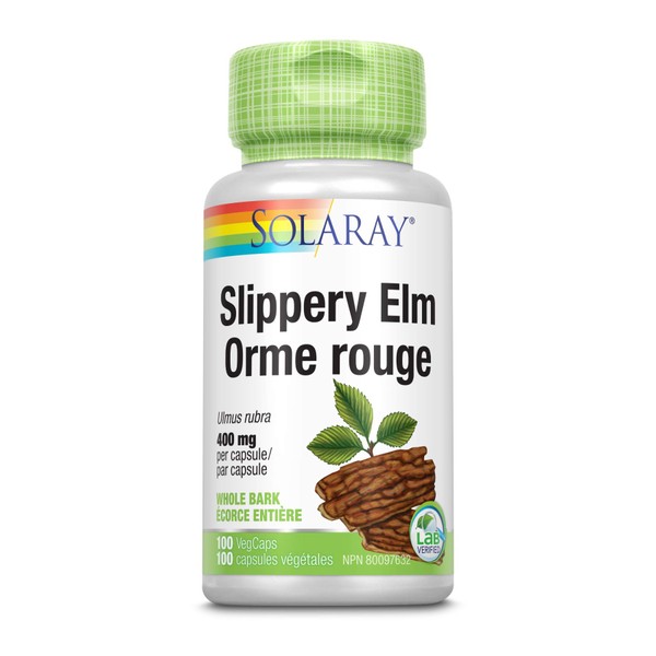 SOLARAY – Slippery Elm, 400mg | Herbal Support | Ulmus Rubra, Whole Bark | Dietary Supplement | Non-GMO, Vegan, Lab Verified | 100 Vegetarian Capsules
