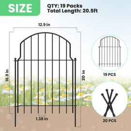 19Pcs Decorative Garden Fence, 20in(H)/20.5ft(L) Rustproof Metal Fences Animal Barrier Outdoor for Yard, Flower Bed Edging Ornamental Border Panel for Dogs, Rabbits, Dig Defence, Garden Decor, Patio