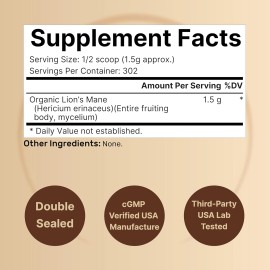 Naturebell Organic Lion’s Mane Powder – 1500mg Serving, Focus & Memory, 1lb